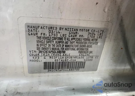 2016 Nissan Versa S z USA, uszkodzony, nr VIN 3N1CN7AP5GL880700
